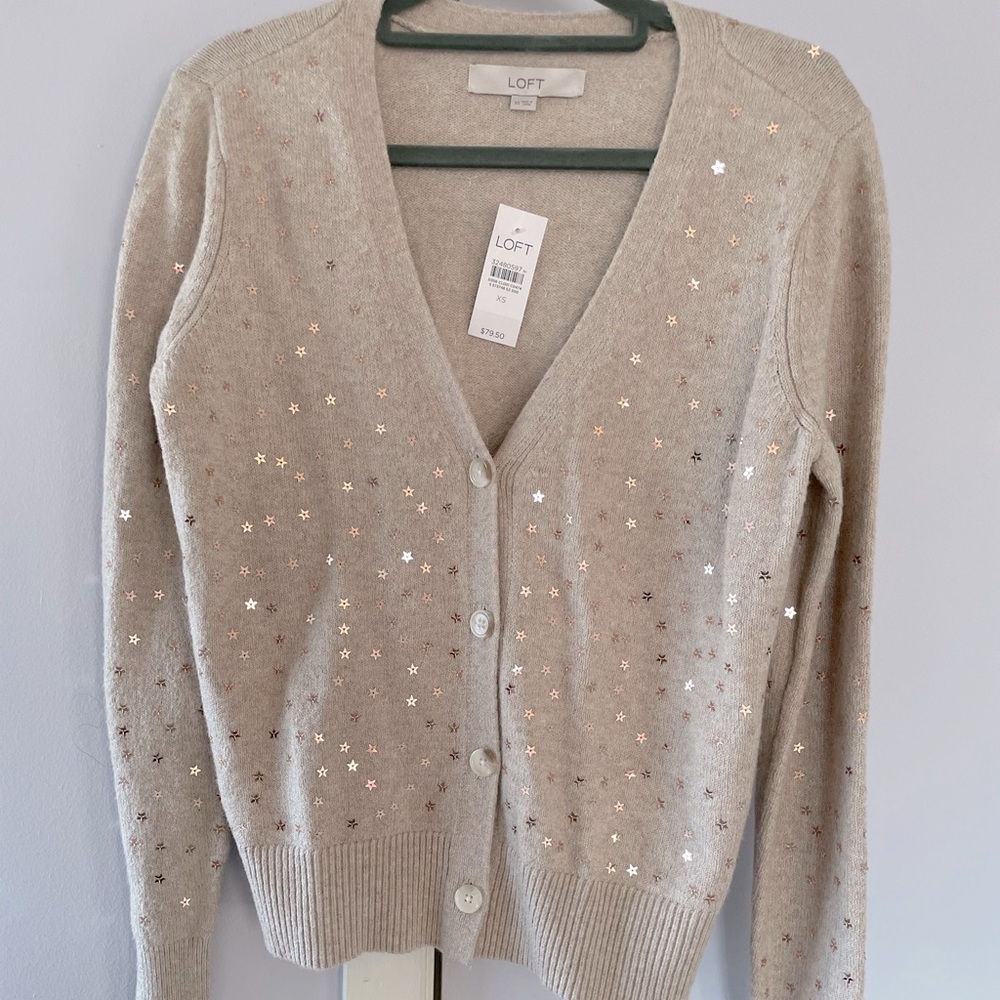 Beige cardigan with sequins. Great for holidays!